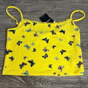Forever 21 Yellow Butterflies NWT Cropped Tank Top Large Adjustable Straps